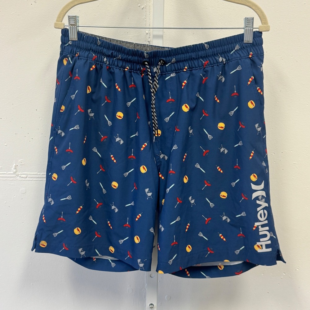 Hurley Mens BBQ Print Hybrid Board Shorts Swim Navy Blue Large 4th of July